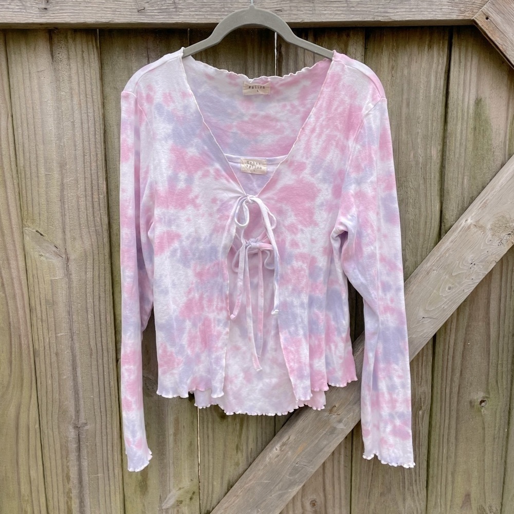 Urban Nation Cotton Y2K Tie Dye Ruffle Trim Babydoll Style Tank Cardigan Set